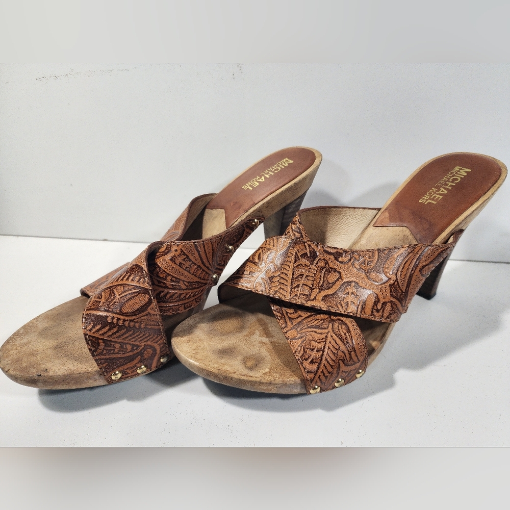 Michael Kors Brown Embossed Leather & Wood Heels Boho Slip On